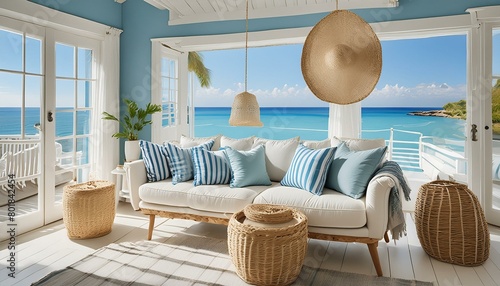 Light blue walls, white wicker furniture, natural wood accents, and nautical decor elements like ropes and shells, Striped throw pillows, seagrass baskets, and artwork, Woven pendant lights