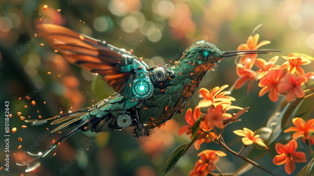 Obraz premium A robotic hummingbird collecting data from flowers in a virtual reality environment at noon