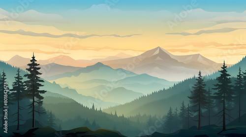 Morning Bliss, Pine Forest Panorama, Realistic Mountains Landscape. Vector Background