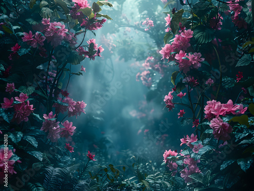 A dense jungle with bright flowers  palm leaves  and foggy lighting.