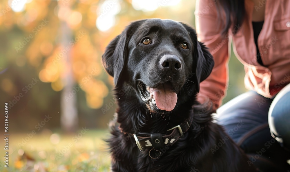 A dog rests with its owner in the park