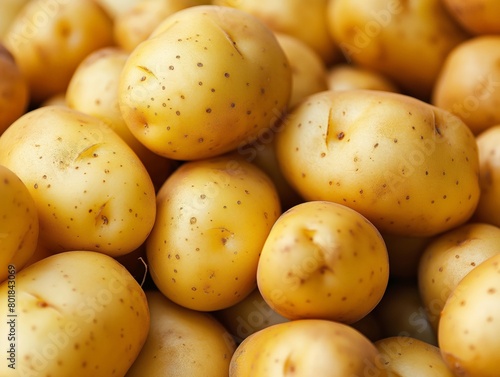 A close-up of a group of fresh  uncooked yellow potatoes with natural blemishes.