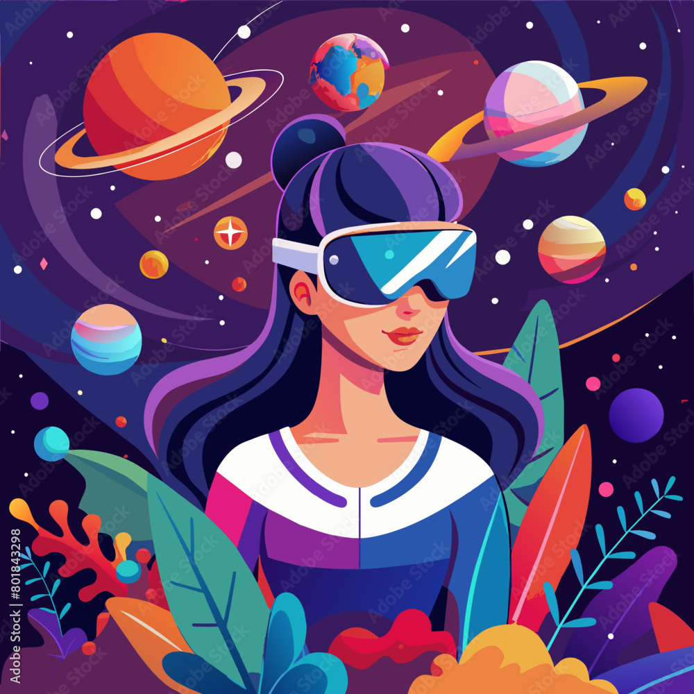 Girl wearing VR with looking the cosmic landscape, universe, humans outside world Girl wearing VR with looking the cosmic landscape, universe, humans outside world