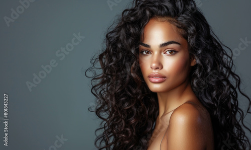 A beautiful woman with long curly hair in a fashion portrait with a beautiful hairstyle