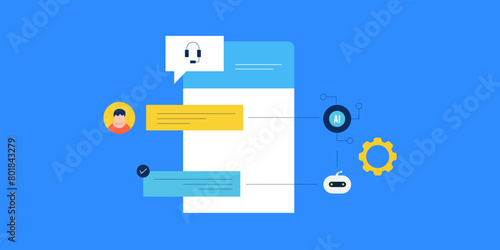 Customer sending query from chat window, ai technology analysing conversation and providing answer with chatbot assistant app, vector illustration.