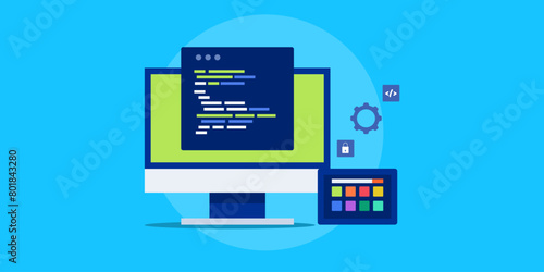 Smartphone application software development coding process, programming script on pc screen, testing app prototype UI on tablet, vector illustration.