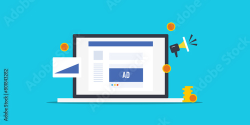 Business spending money on social media sponsored advertising, digital marketing investment ROI graph concept vector illustration.