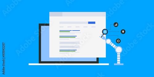 Digital marketing transformation, robot hand holding magnifier on search engine result page, SEO artificial intelligence vector illustration.