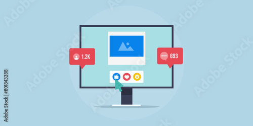 Social media post reaction, audience engagement increases follower conceptual vector illustration.