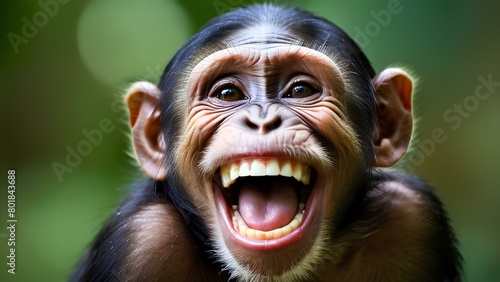 A baby monkey is smiling and laughing. Concept of joy and happiness. The monkey's big eyes and wide grin make it appear as if it is having a great time