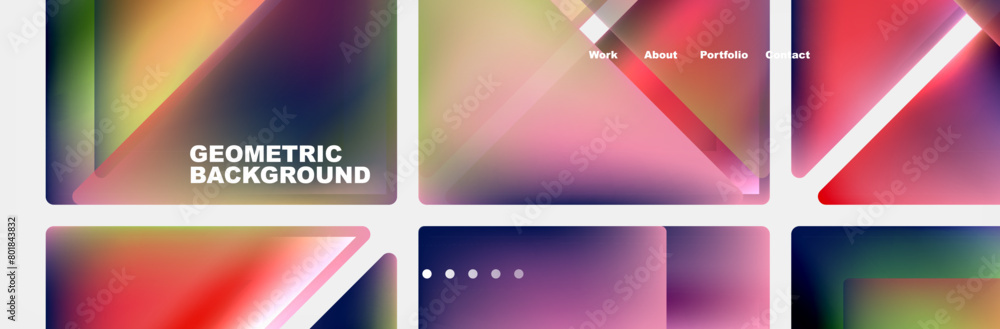 A collection of geometric backgrounds featuring a rainbow of colors including Purple, Violet, and Magenta. The patterns and rectangles create stunning visual arts perfect for display devices