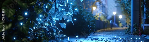 Bioluminescent plants providing natural lighting in urban streets, their glow powering small electronic devices photo