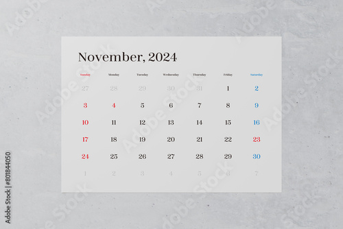 2024年11月のシンプルなカレンダー。日曜始まり。Simple calendar for November 2024 photo