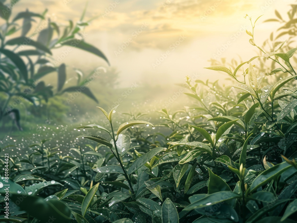 Obraz premium Sunrise illuminates dew-covered tea leaves in a lush field, creating a fresh and serene natural scene. Dewy Tea Leaves at Sunrise in Lush Field