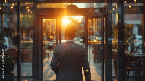 Businessman standing at the entrance of a restaurant at sunset, city life and aspirations, Concept of business, ambition, and urban lifestyle