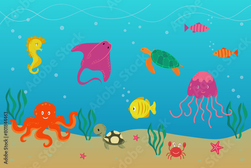 Cartoon underwater landscape with turtle  fish  octopus  crab  seahorse  starfish  jellyfish  stingray.  Underwater aquatic life landscape.