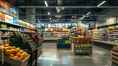 Supermarket aisle and shelves  in department store interior for background, generative ai © Neelam