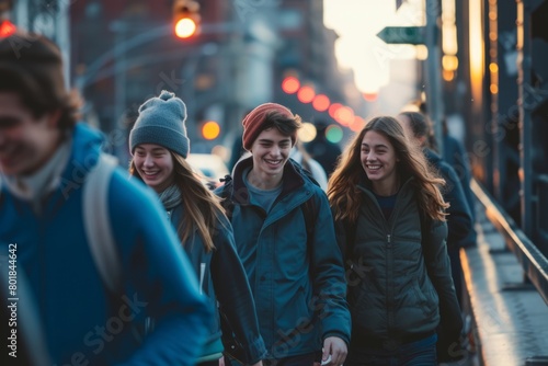 Group of friends walking on the street in the city at sunset.