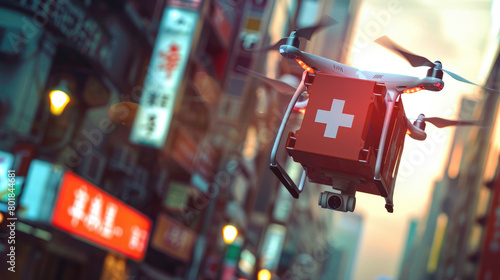 Drone Quadcopter Carrying First Aid Kit in Urban Area