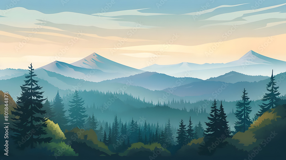 Morning Tranquility, Pine Forest Panorama, Realistic Mountains Landscape. Vector Background