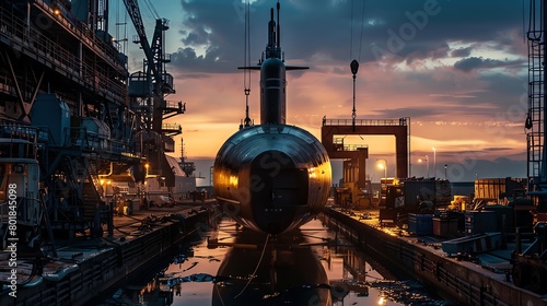 Wide shot of a submarine shipyard at dusk, with the silhouette of a submarine in dry dock and heavy lifting equipment surrounding it, emphasizing scale and complexity.