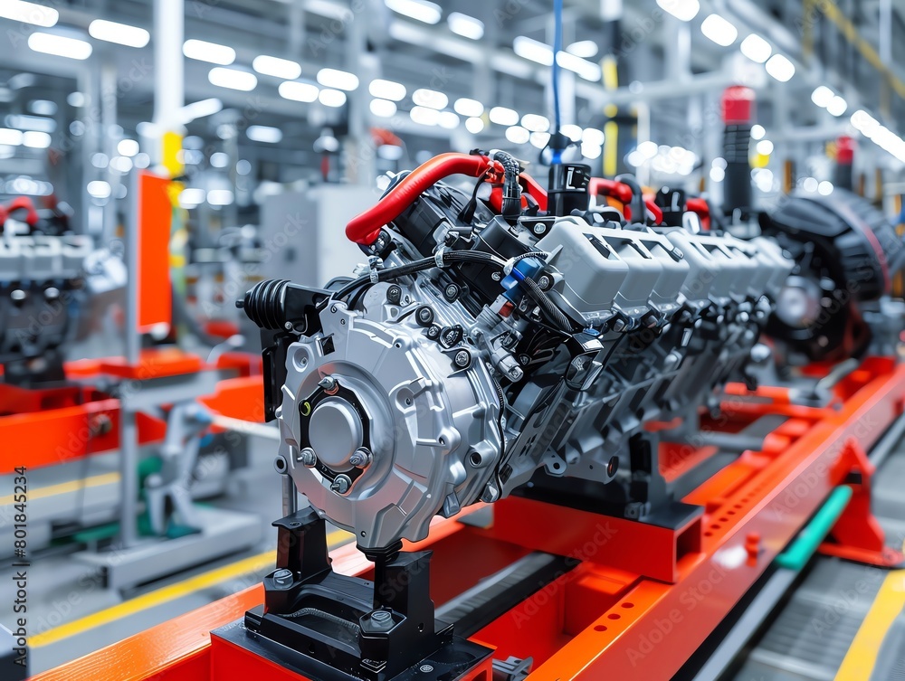 Detailed shot of an engine assembly line, where technicians equipped with specialized tools meticulously install engines into car chassis.