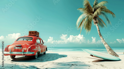 Vintage car with luggage on the beach near palm tree with blue sky, beach, and sea view. summer vacation concept, banner with copy space for text. © Zhayyyn Imagine