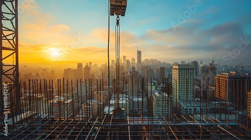 Detailed shot of rebar being hoisted by a crane, with the city skyline in the background, emphasizing urban development and infrastructure growth. photo