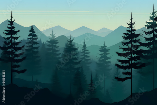 Pine Perfection, Pine Trees Silhouette, Realistic Mountains Landscape. Vector Background