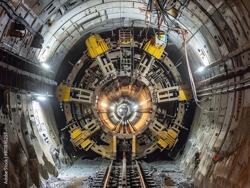 Detailed view of advanced machinery used for boring and installing support structures in a subway tunnel, highlighting technological precision.