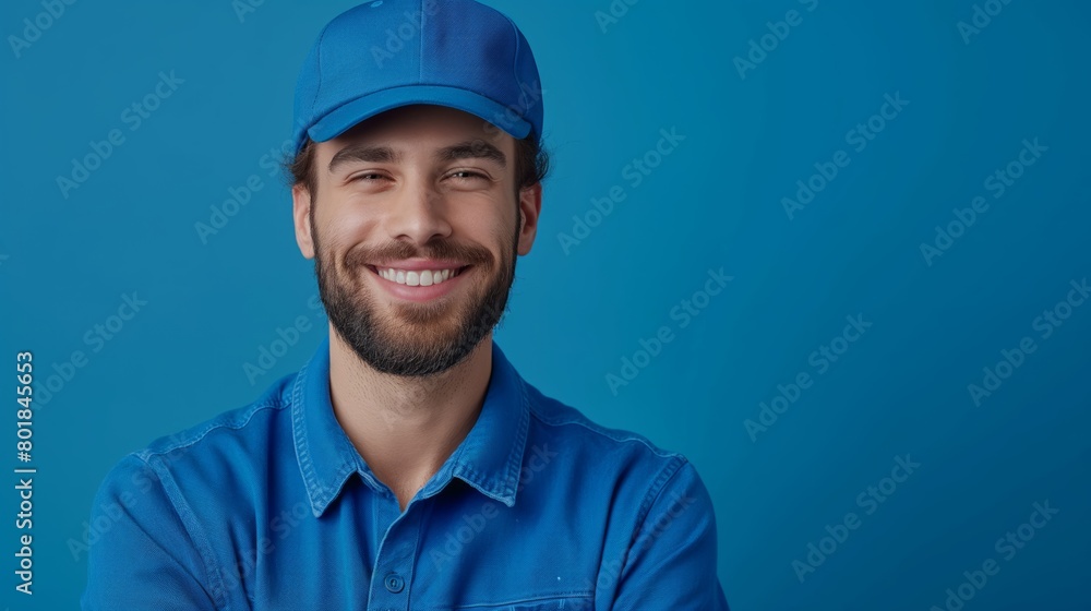 Smiling delivery man in blue uniform against blue background, concept of reliable service and positive work environment Smiling delivery man in blue uniform against blue background, concept of reliable service and positive work environment