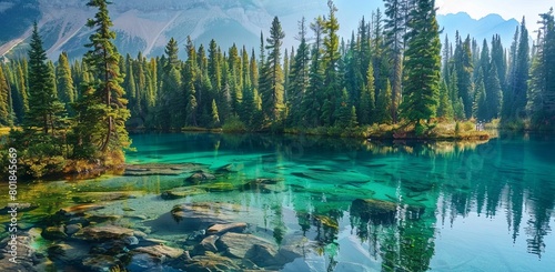 Forest and mountain landscape with crystal clear water providing stunning natural scenery along a high edge