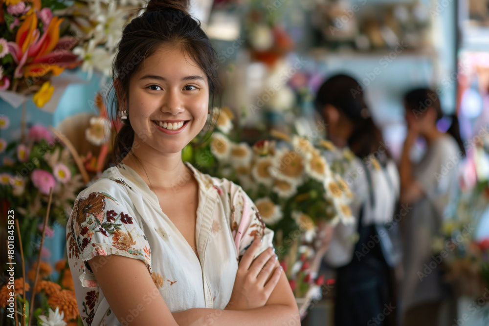 Portrait of a smiling female florist standing with her arms crossed in a flower shop, with a male and female couple
