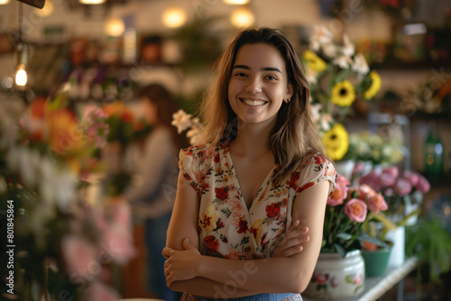 Portrait of a female florist standing with her arms crossed and smiling at the camera while a couple shops in the flower shop © Possibility Pages