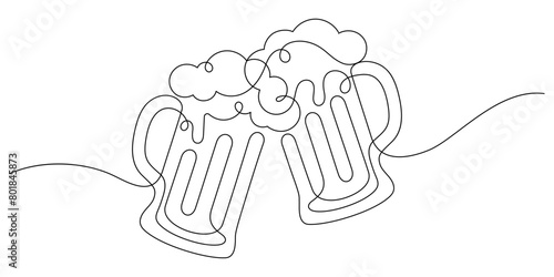 continuous line drawing of beer mug frothing clinking in happiness hour party time