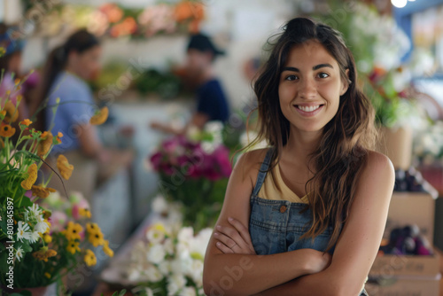 Portrait of a female florist standing with her arms crossed and smiling at the camera while a couple shops in the flower shop
