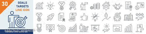 Goals icons Pixel perfect. Goals business icon set. Set of 30 outline icons related to goals, target, success, performance. Linear icon collection. Editable stroke. Vector illustration.