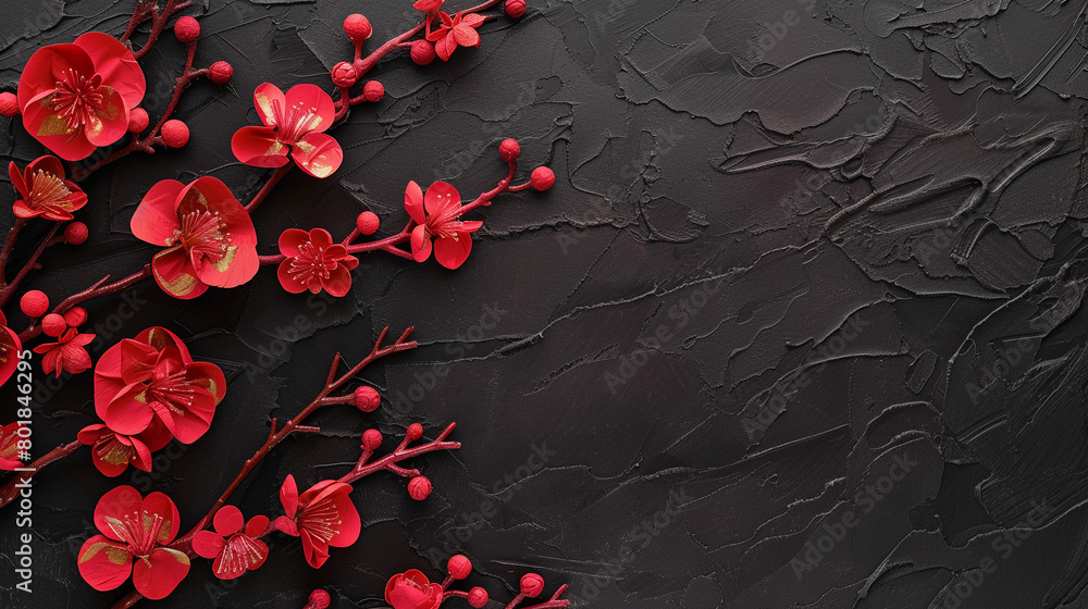 Red flowers on black oil paint background, banner, space for text, space to copy, design template, solid color, isolated objects, greeting card. Top view. Red flowers on black oil paint background, banner, space for text, space to copy, design template, solid color, isolated objects, greeting card. Top view.