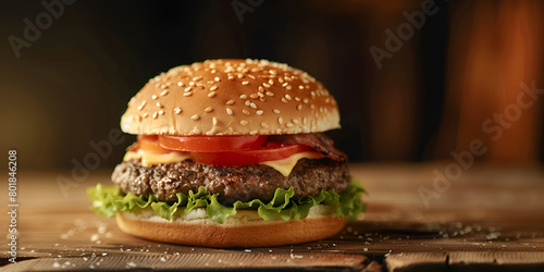 Lettuce Hamburger with Lettuce and Tomato Burger on Wooden Table Background Hamburger, Fast Food, with Vegetables and Cheese