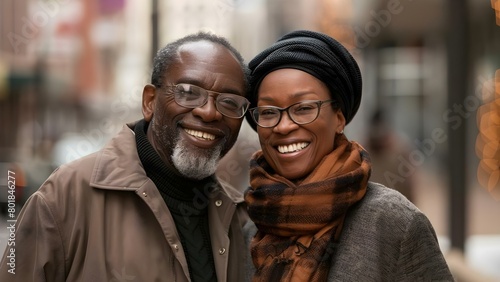 African couple smiling while taking a healthy morning walk in the city. Concept Smiling Couple, Morning Walk, City, African, Healthy Lifestyle © Anastasiia