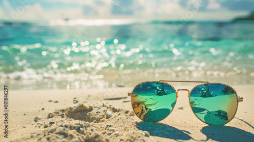Close-up of Sunglasses Reflecting Tropical Shoreline