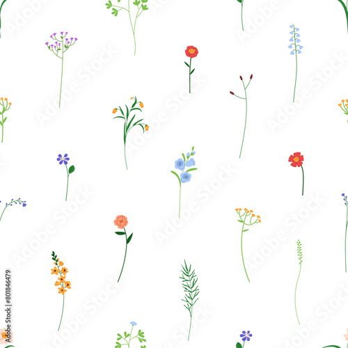 Floral pattern, seamless print. Endless texture, flower branches, tiny stems. Botanical garden background. Repeatable design, delicate fragile blooms. Flat vector illustration for wallpaper, textile