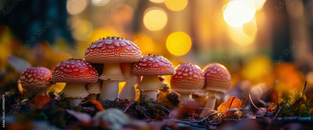 Close up beautiful bunch mushrooms color light in the tree background texture. Macro Photography View