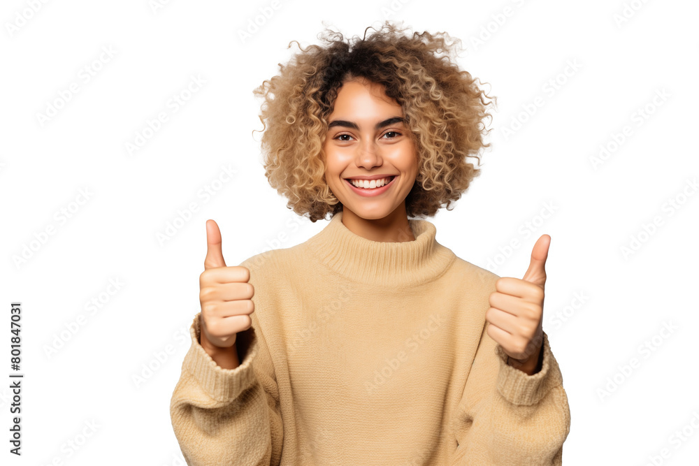 A beautiful teenage girl gives a thumbs-up on a transparent background A beautiful teenage girl gives a thumbs-up on a transparent background