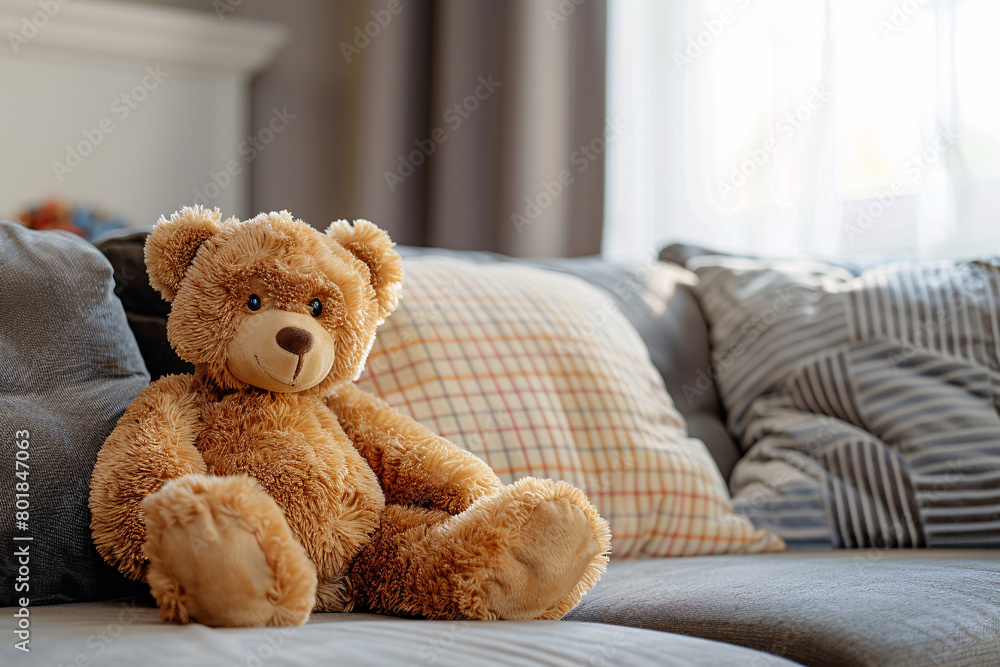 Teddy Bear on a sofa in the living room with copy space Teddy Bear on a sofa in the living room with copy space