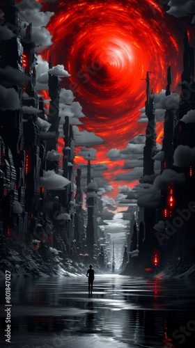 Futuristic cityscape with a red swirling vortex and a lone figure