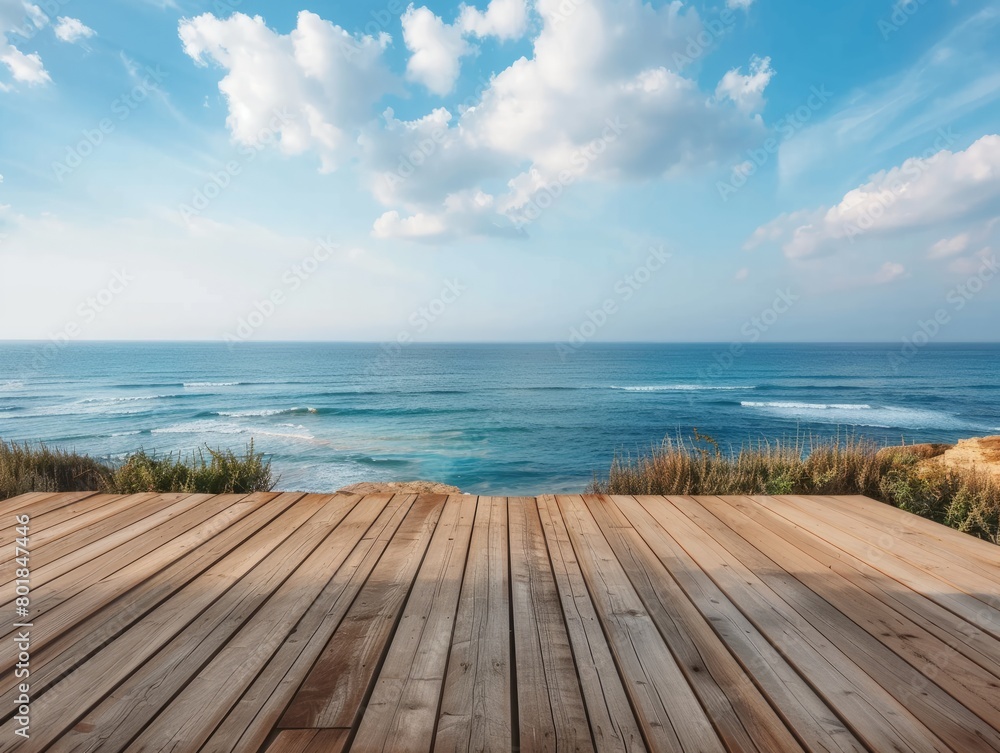 a wooden deck with view of the ocean 