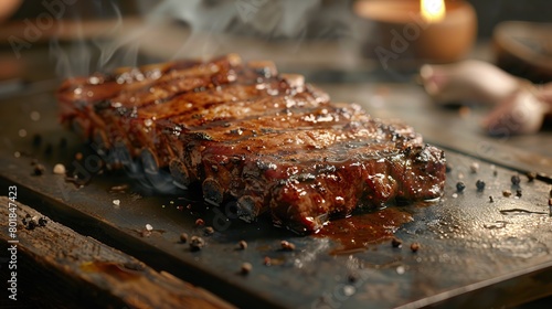 Grill rib steak on metal sheet on cutting board. Image of food. copy space for text. photo