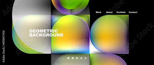 Colorfulness and technology merge in a geometric background with circles and squares on a black background. Electric blue gas surrounds an astronomical object, creating a spacelike organism