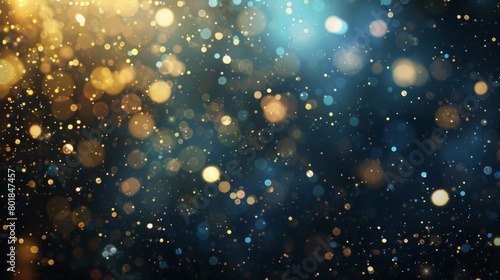 Abstract glitter lights background in blue, gold and black colors. Blurred bokeh effect. Elegant and festive design for banner, poster, invitation, card or wallpaper. hyper realistic 
